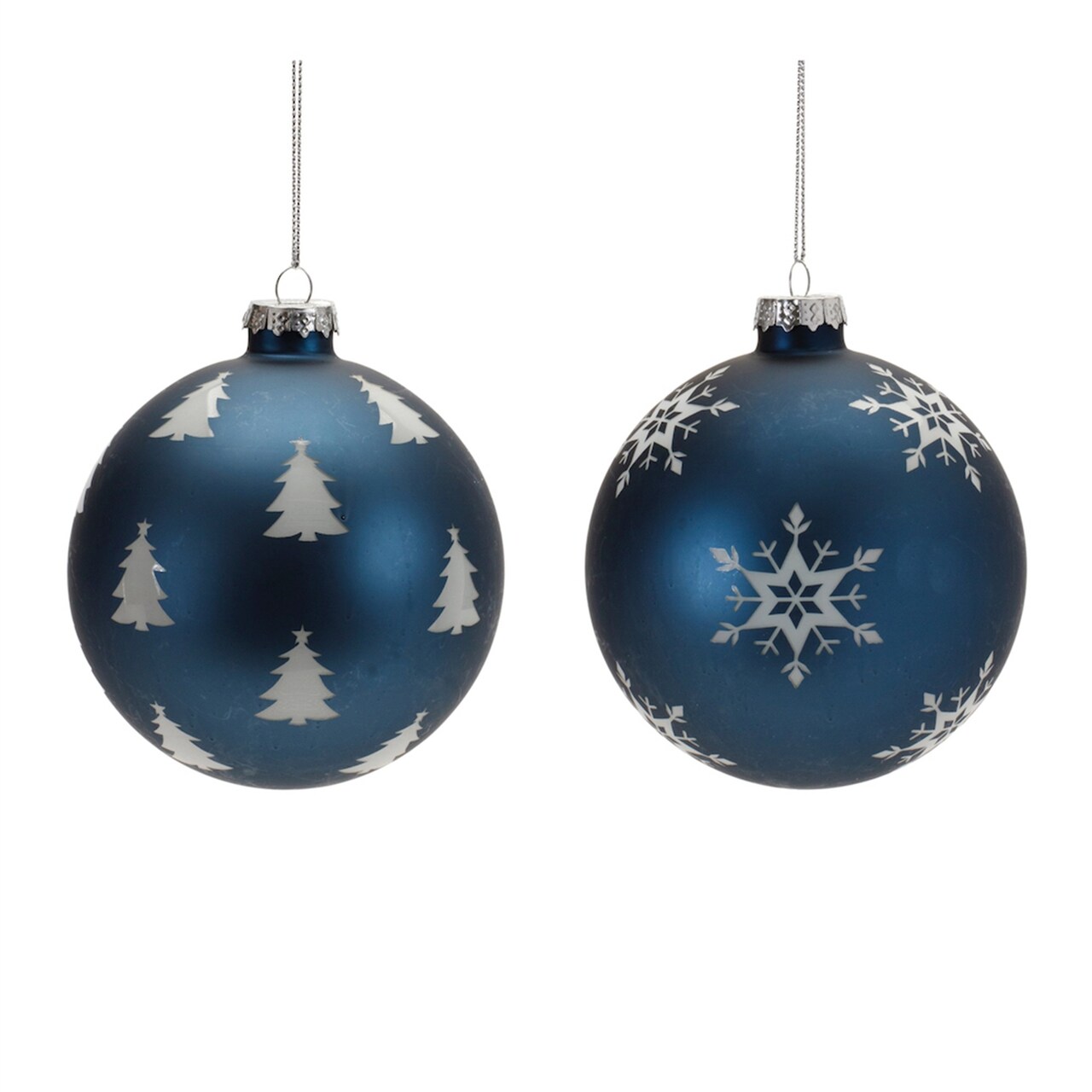 Melrose Snowflake and Pine Tree Glass Christmas Ball Ornaments - Blue - 4" (110mm) - 6ct